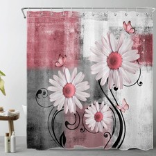 Farmhouse Pink Floral Shower Curtain Set Rustic Daisy Flower and Butterfly Sh...