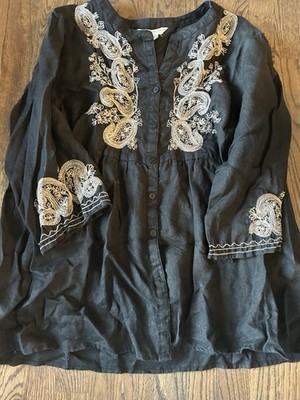 Cambridge Dry Goods Plus Size 2X Black Linen Embroidery Trim Button Front