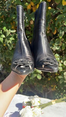 Chanel Black Leather Flower Appliqué Logo Pointed Toe