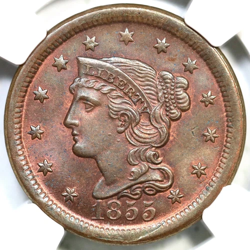 1855 N-4 R-1 NGC MS 66 RB Braided Hair Large Cent Coin 1c