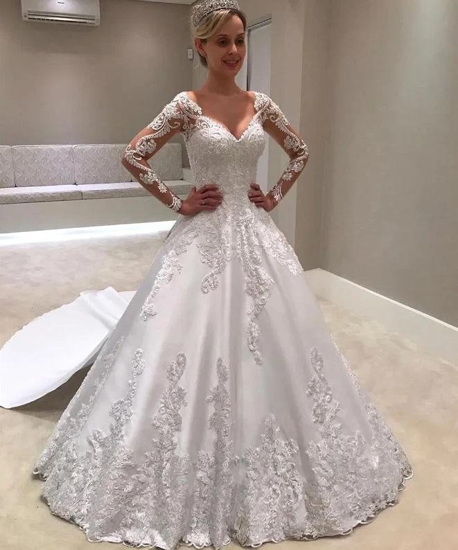 Princess Satin Wedding Dresses Lace Appliques Long Sleeves Buttons Bridal Gowns - Image 2 of 4