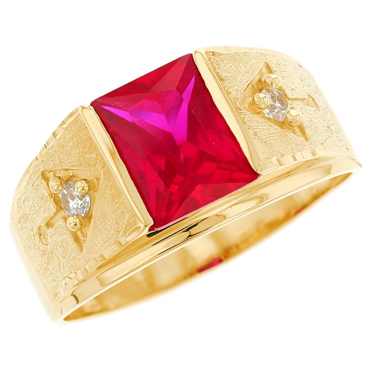 10k or 14k Gold White CZ Rectangle Simulated Ruby July Birthstone Mens Ring
