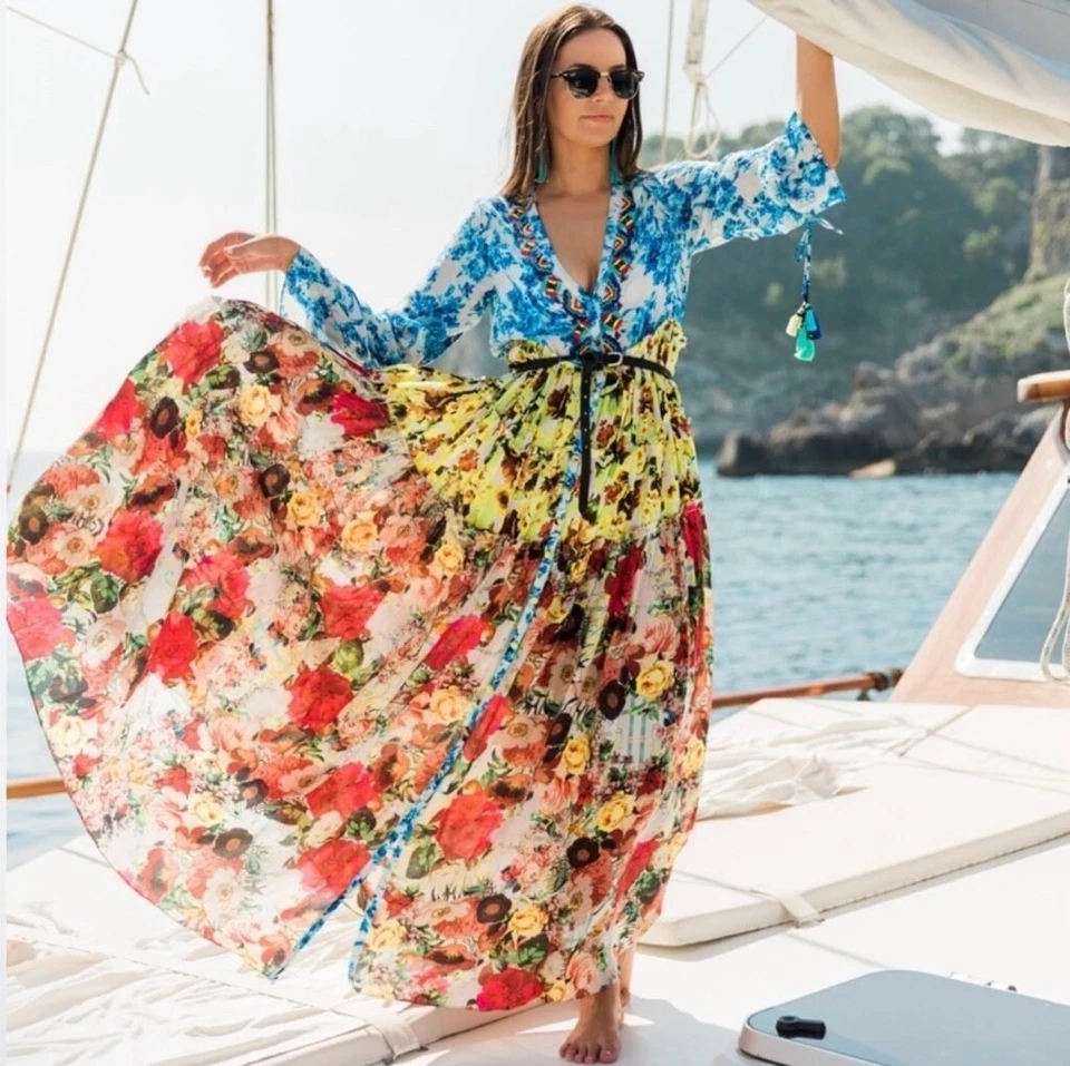 $440 рококо песок женщин шелк романтический цветочный длинным рукавом макси платье размер XS - Изображение 3 из 4