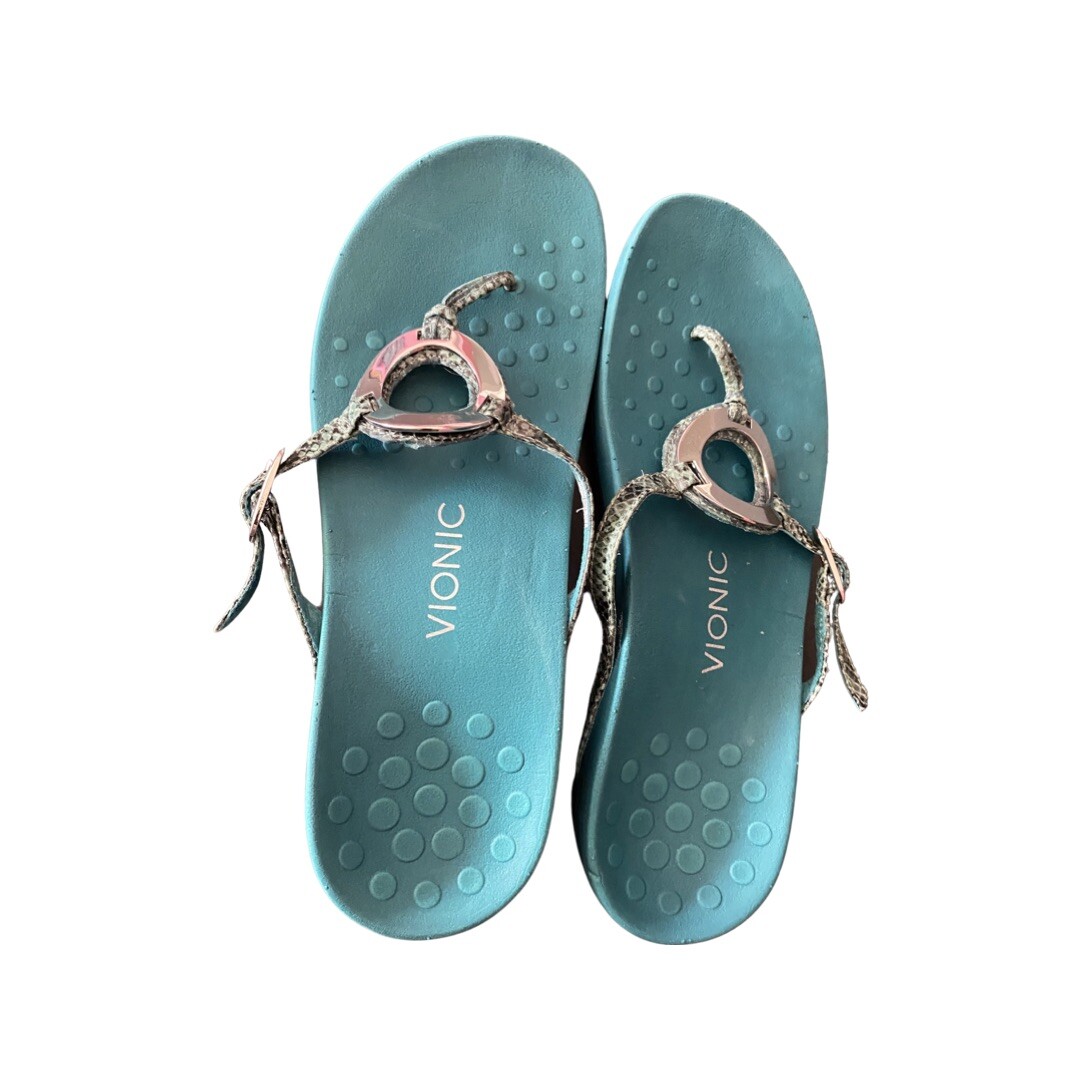 Vionic Karina Womens 8 M Teal Snake Print Flip Flops Arch Support