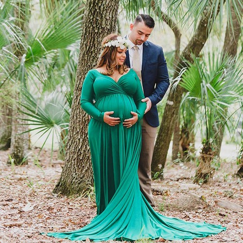 Women V Neck Gown Photography Props Dress Pregnant Maternity Long Maxi Dress - Picture 8 of 37