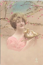 RPPC Studio Pose Young Woman Holding Easter Eggs in Nest France early 1900s