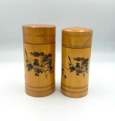Asian Chinese Black & White Bird Scenic Wooden Lidded Lacquered Vessel Canisters