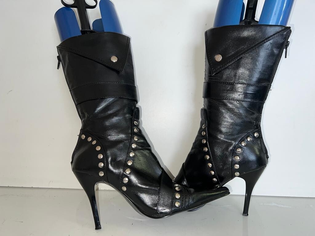 LADIES WOMEN'S STUDDED BLACK FAUX LEATHER MIDCALF ZIP UP BOOTS UK SIZE