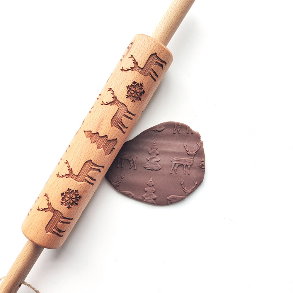 Embossed Rolling Pin Cake Fondant Icing Beech Wood Kitchen Baking DIY