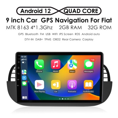 For Fiat 500 2007-2015 9''Car GPS RDS Navi Radio Stereo Android 12 Carplay 2+32GB