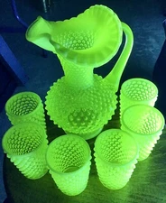 Vintage Fenton Levay topaz yellow opalescent hobnail pitcher and 6 tumblers