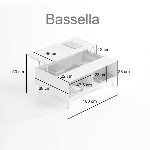 Mesa de centro tapa elevable, 2 baldas, espacio para almacenar - Bassella - Imagen 6 de 6