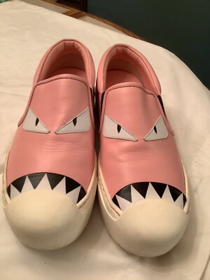 Fendi Monsters Motif Sneakers Shoes Size 37.5 US 7.5 Pink Leather Casual