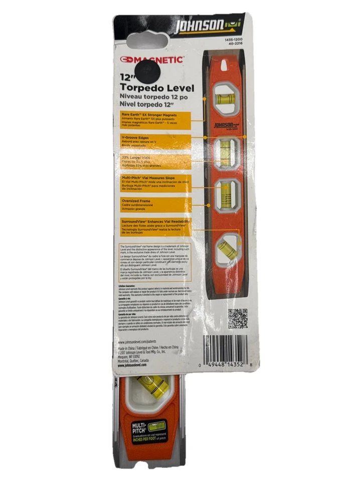 Johnson Level & Tool 1435-1200 12-inch Magnetic Torpedo Level 12" Torpedo Level - Image 2 of 2