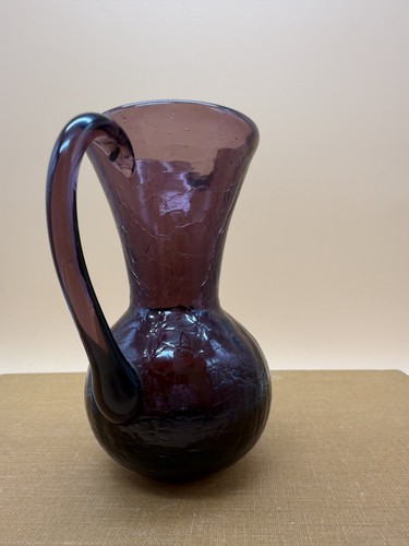 Vintage Amethyst Purple Crackle Glass Pitcher Hand Blown Creamer Vase 3.5" - Picture 7 of 15