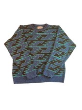 VTG Le Tigre Mens Sweater Large Teal Black Geometric Crew Neck Grandpa 90s USA