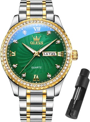 OLEVS Mens Watches，Big Dial Watches for Men，Day Big Gold Green