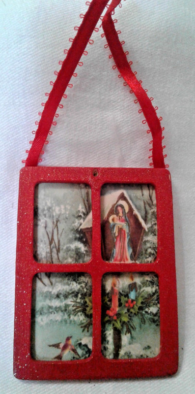 Vintage Handmade Window Scene of Birds, Trees, Mary Christmas Ornament
