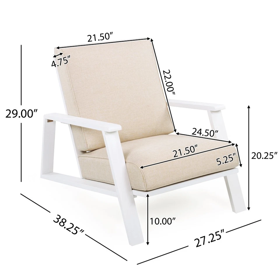 Patio Lounge Chair, Outdoor Club Chair with Beige Cushion and White Acacia Wood - Image 2 of 4