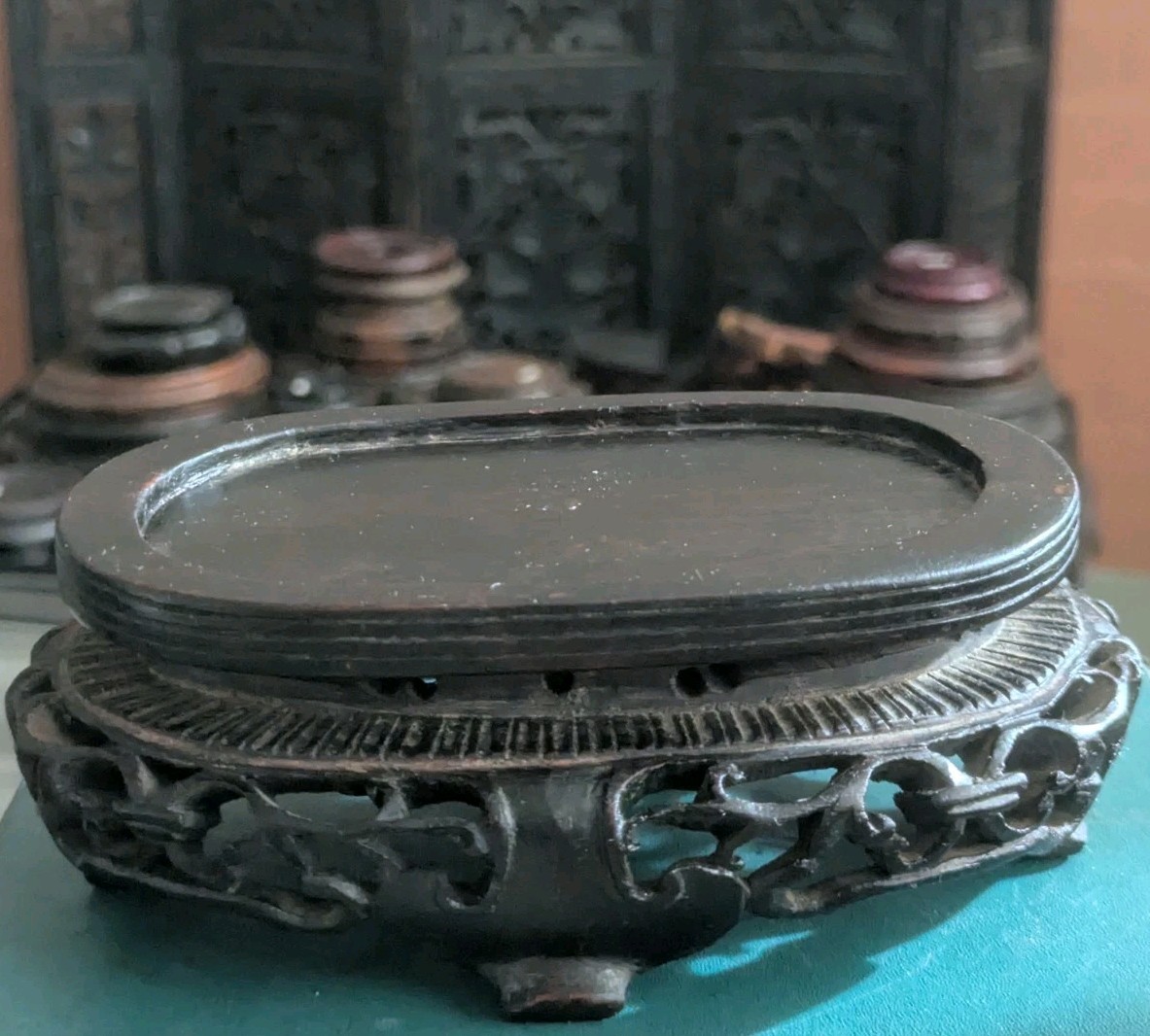 Vintage Chinese Carved Openwork Wood Display Stand, Oval Vase Base