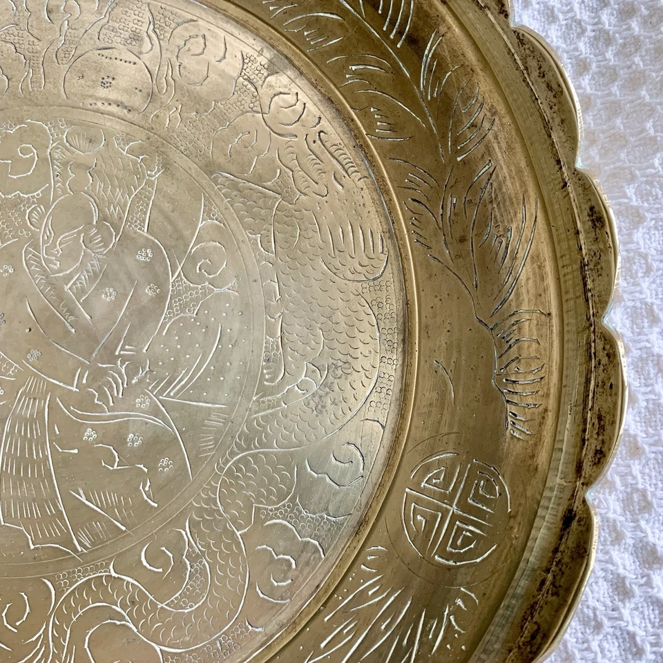 "Cuenco de dragón con patas chinas de latón grabado con borde festoneado-12""" Foto 4 de 4