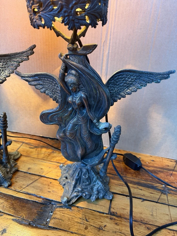 Vintage Antique Indian Hindu Winged Goddess Angel Lamp Bronze Finish Set of 2 - Image 3 of 4