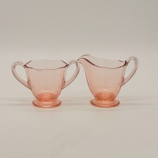 Vtg. Fostoria Pink Depression Glass Footed Cream & Open Sugar Set, Handles, 4”
