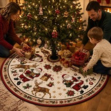 Santa Reindeer Tree Skirt, Quilted Christmas Tree Skirt, Round Holiday Tree Mat