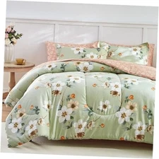 AIKASY 7 Piece Floral Comforter Set Size - Soft Microfiber Queen Light Green