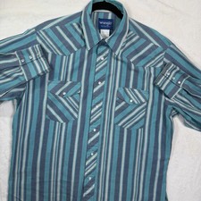 Wrangler Mens Western Shirt XL Pearl Snaps Blue Striped Long Sleeve Cowboy