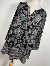 Lucky Brand 1X Shirt TOp Black Brown Paisley Floral V Neck 3/4 Sleeve Woman Y2
