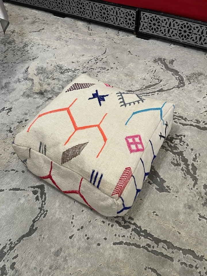 Pufe marroquino feito à mão lã colorida otomano berbere escabelo piso almofada de ioga - Imagem 3 de 4