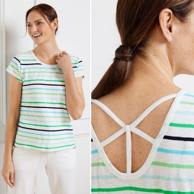 T By Talbots Tee Womens 1X Supersoft Jersey Open Back Multi Stripe Short Sleeve