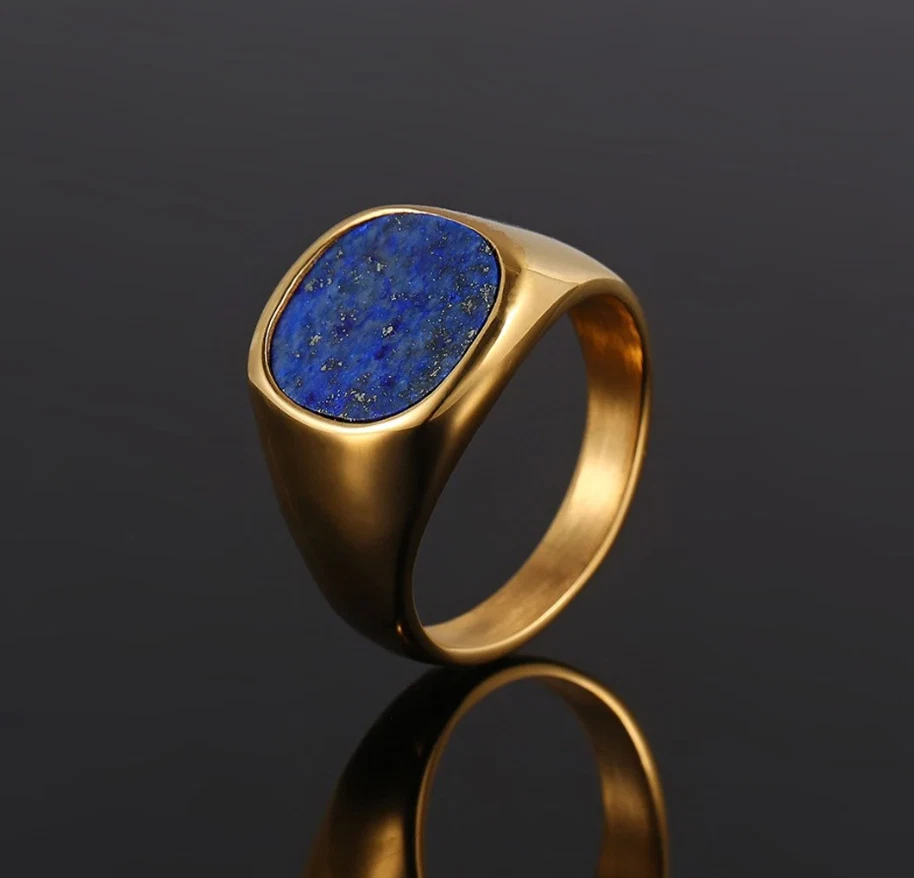 Gold Plated Cushion Cut Lapis Lazuli Men's Ring 925 Silver Signet Ring For Him - Image 2 of 3