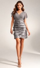 Adrianna Papell Women's 2P Silver Satin Cocktail Dress Mini Pencil Tiered Ruffle