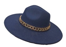 Navy Blue Wide Brim Fedora Gold Chain Rancher Style Hat