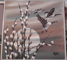 J. Walker Painting 37x37 Inch Canvas Mid Century Geese Sunrise Plant Goose Birds
