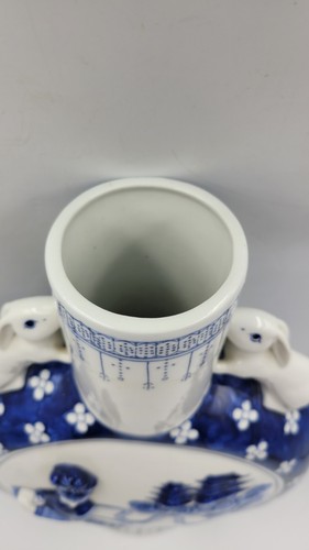 Chinoiserie Moon Flask Vase W/ Rabbit Double Handles 14" Tall Vintage - Picture 6 of 15