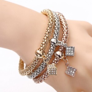 Authentic 3Pcs Set Gold Plated Crystal Love Heart Charms Bracelet For Women