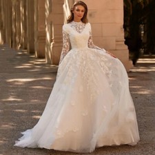 High Neck Lace Wedding Dresses Long Sleeve Appliques Buttons Back Bridal Gowns
