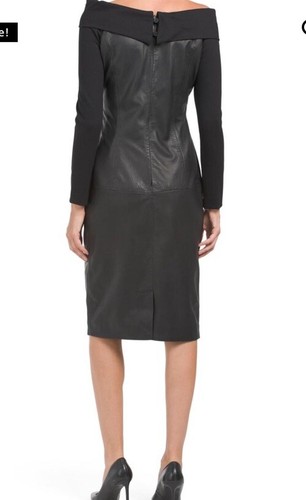 Bod & Christensen Leather Midi Dress 8 Black Off The Shoulder Body Con Sleek - Picture 2 of 19