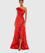 Elegant Mac Duggal Bow One Shoulder Ruffle Asymmetrical long dress size 4 red
