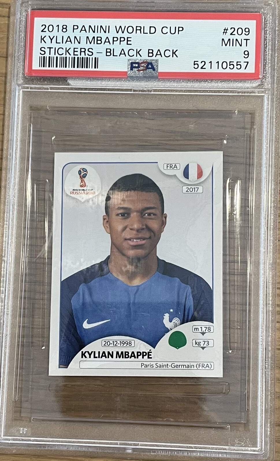 2018 Panini World Cup Sticker 209 Kylian Mbappe Black Back PSA 9 MINT PSG France
