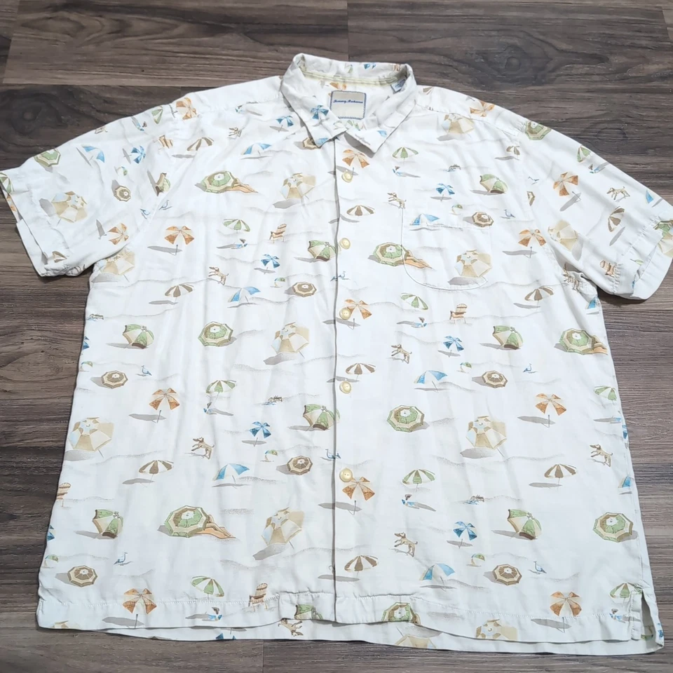 Tommy Bahama 2XL Rare Silk Hawaiian Camp Shirt Beach Umbrella Dog Allover Print - Image 3 of 4