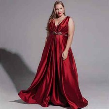 Red Satin Mother Of The Bride Dress Sleeveless Deep V-Neck Wedding Guest Gowns