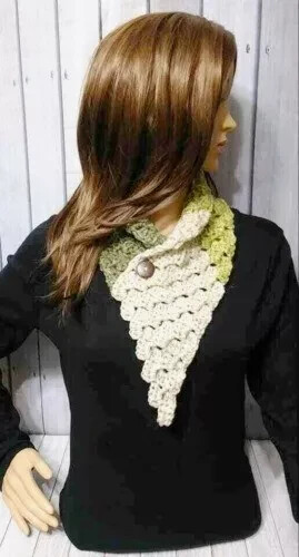 Handmade desert green wool blend crochet button cowl scarf USA