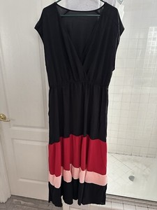 Women’s Chic ColorBlock (Black/Red/Pink) VNeck Short Sleeve Maxi Dress, XL, NWOT