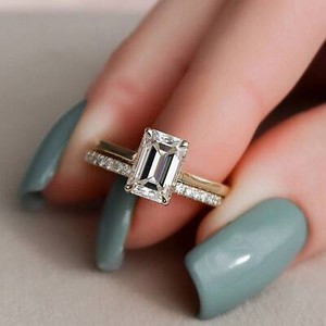 Authentic 2CT Emerald Moissanite Engagement Ring 14K Yellow Gold Plated Full Eternity Band