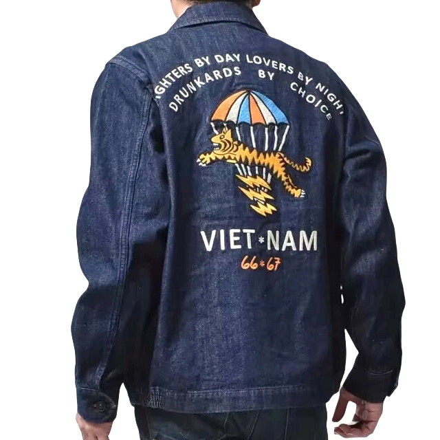 Mens Military Work Denim Vietnam Souvenir Jacket Embroidery Mens Military Work Denim Vietnam Souvenir Jacket Embroidery