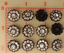 12 Small Czech Thin Black Metal Button Covered Large Small Rhinestones #271 15mm